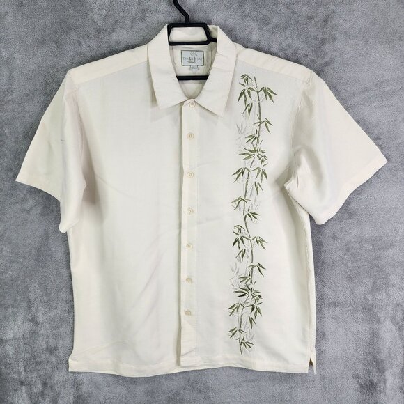 Mens Beige Trader Bay Hawaiian Shirt Button Up Short Sleeve Rayon Blend Size L - Picture 2 of 9